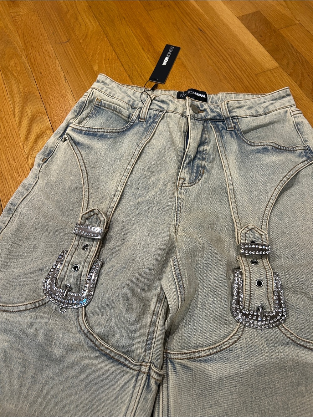 Fashion Nova Light Blue Denim Jeans with Rhinestone Buckles - Picture 2 of 6